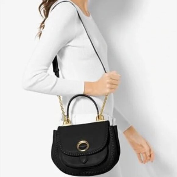 Michael Kors Isadore Med Top Handle Messenger Bag Pebble Leather Black Ring - Picture 1 of 3
